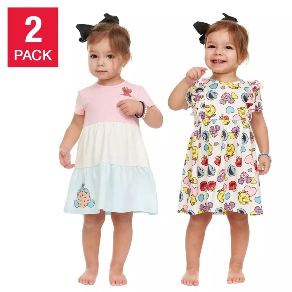 NWT Sesame Street Girls 2 Dresses with Matching Diaper Cover Set